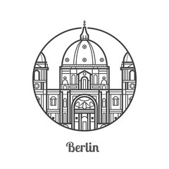 Travel Berlin icon. Dome cathedral is one of the famous landmarks and tourist attractions in capital of Germany. Thin line baroque church icon in circle.