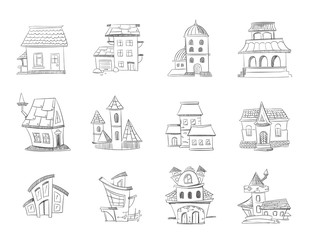 Cute hand drawn houses with windows, doodle housing, sketchy homes vector set