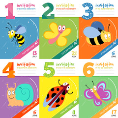 Kids birthday invitation cards with cute bugs insects vector set