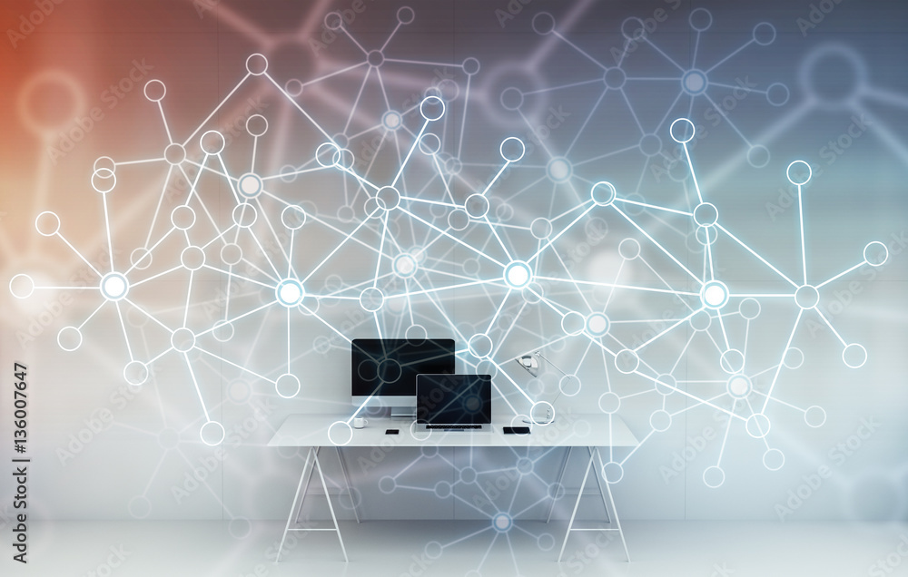 Poster Workplace with modern devices and hologram screens 3D rendering