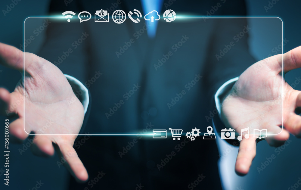 Wall mural businessman surfing on internet with digital tactile interface 3
