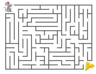 Cute mouse searching cheese. Kids maze puzzle, labyrinth vector illustration