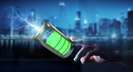 Woman touching 3D render battery with lightning with her finger