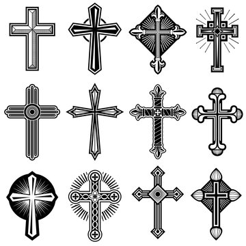 Catholic christian cross with ornament vector icons set