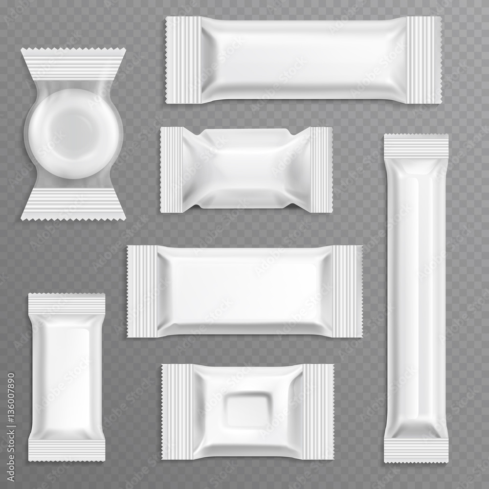 Poster white empty bar polyethylene wrapper packaging, isolated candy package vector set