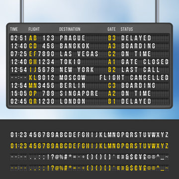 Airport flip arrivals information scoreboard vector mockup