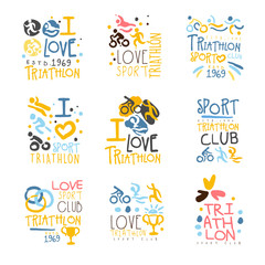 Triathlon Supporters And Fans Club For People That Love Sport Set Of Colorful Promo Sign Design Templates