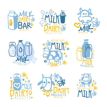 Natural Milk And Fresh Dairy Products Set Of Colorful Promo Sign Design Templates With Cows And Milk Packs
