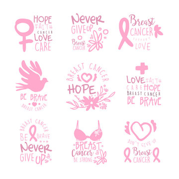 Breast Cancer Fund Collection Of Colorful Promo Sign Design Templates In Pink Color With International Cancer Sickness Symbols And Motivating Slogans