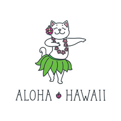 Aloha Hawaii. Doodle vector illustration of cute white cat dancing in traditional costume