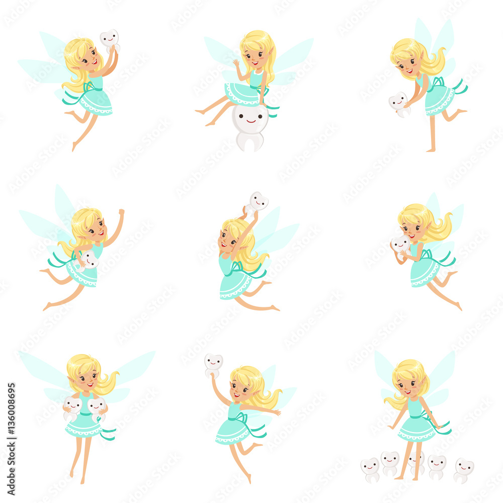 Wall mural tooth fairy, blond little girl in blue dress with wings and baby teeth set of cute girly cartoon fan