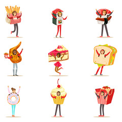 People Wearing Fast Food Snacks Costumes Disguised As Cafe Menu Items Collection Of Cartoon Characters