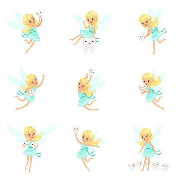 Tooth Fairy, Blond Little Girl In Blue Dress With Wings And Baby Teeth Set Of Cute Girly Cartoon Fantastic Fairy-Tale Creature