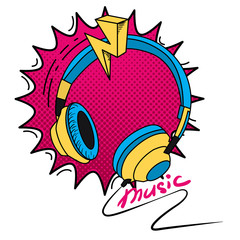 Colorful headphones in comics stile over halftone background. 