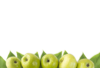 Horizontal seamless background with green apples and leaves. Fresh apples on a white background. Apples at border of image with copy space for text. .