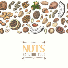 Horizontal seamless background with colored nuts and seeds