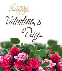 border of pink rose flowers on white background with happy valentines day greetings