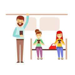 Metro Train Car With People Looking At Their Smartphones, Person Being Online All The Time Obsessed With Gadget