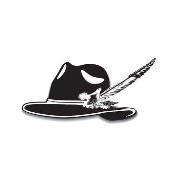 Vector illustration of hunting hat with feather and metal badge, flat design