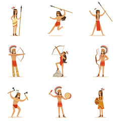 Native American Tribe Members In Traditional Indian Clothing With Weapons And Other Cultural Objects Series Of Cartoon Characters