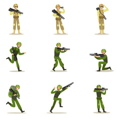 Infantry Soldiers In Full Military Khaki Uniform With Guns During War Operation Set Of Cartoon Land Forces Cartoon Characters