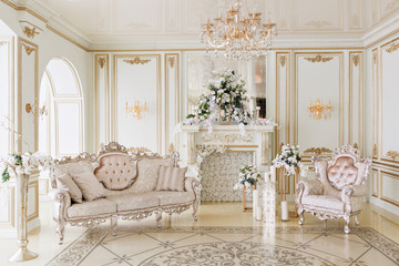 Luxurious vintage interior with fireplace in the aristocratic style
