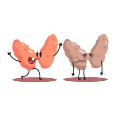 Thyroid Human Internal Organ Healthy Vs Unhealthy, Medical Anatomic Funny Cartoon Character Pair In Comparison Happy Against Sick And Damaged