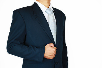 Businessman with suit and action hand sign for planning the job. Business concept with people and modern life in the city. Investment of trader in business market and successful in stock exchange.