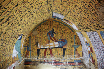 Wall painting and decoration of the tomb: ancient Egyptian gods and hieroglyphs in wall painting 