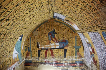 Foto op Plexiglas Wall painting and decoration of the tomb: ancient Egyptian gods and hieroglyphs in wall painting  © Vladimir Melnik