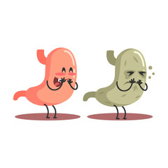 Stomach Human Internal Organ Healthy Vs Unhealthy, Medical Anatomic Funny Cartoon Character Pair In Comparison Happy Against Sick And Damaged