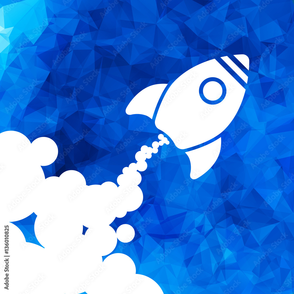 Poster white rocket icon with clouds on a blue triangular background -