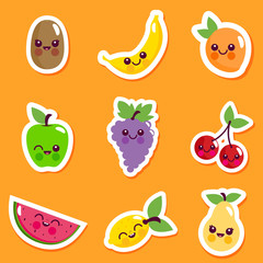 Cute cartoon fruit characters sticker set. Vector illustration