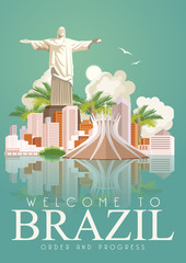 Vector travel poster of Brazil with colorful modern design, brazilian landscape and monuments. Rio de Janeiro advertising card with statue of Jesus. Carnival of Samba. Brazilian football symbols - 136010889