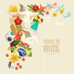Vector travel poster of Brazil with colorful modern design, brazilian landscape and monuments. Rio de Janeiro advertising card with statue of Jesus. Carnival of Samba. Brazilian football symbols - 136013059