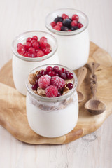Homemade yogurt with frozen berries cranberries and raspberries