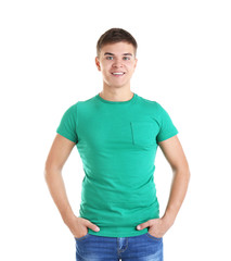 Handsome young man in blank green t-shirt on white background