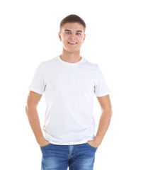 Handsome young man in blank t-shirt on white background