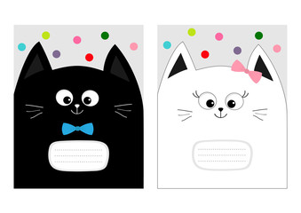 Notebook cover Composition book template. Black White cat kitty head with bow. Cute cartoon character set. Pet baby collection Card. Flat design. Gray background Colorful dot. - Powered by Adobe