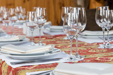 Table served with dishes, close up