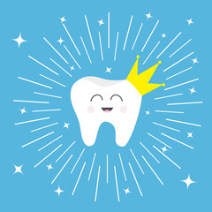 Healthy tooth crown icon Smiling face. King queen prince princess Cute cartoon character. Round line circle. Oral dental hygiene. Children teeth care. Shining effect stars. Blue background. Flat