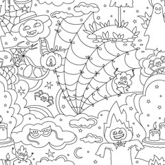 Happy Halloween seamless pattern with pumpkins, ghosts, spiders.