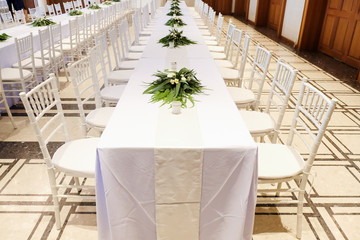 Chairs and tables in white for wedding party.