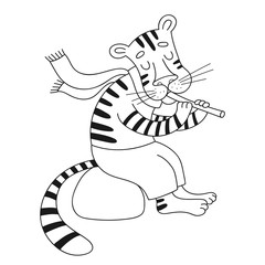 Vector cheerful tiger playing the flute. Cartoon happy cute tige