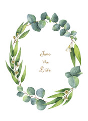 Watercolor oval wreath with green eucalyptus leaves and branches.