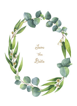 Watercolor Oval Wreath With Green Eucalyptus Leaves And Branches.