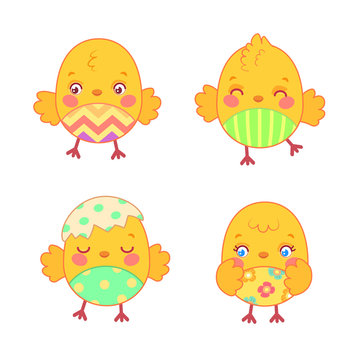 Set with cute cartoon chickens with painted belly on white background. Happy Easter design elements with chicks. Vector illustration for greeting card, scrapbook, party decoration, etc.