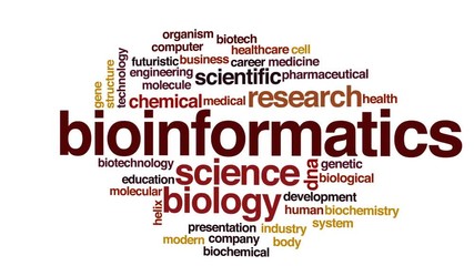 Bioinformatics animated word cloud, text design animation. - Powered by Adobe