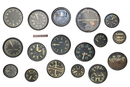 Retro indicators on control panel in a war plane cockpit