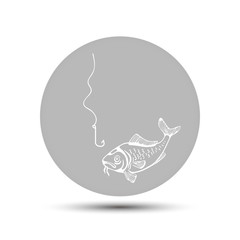 Fish looks at the hook icon vector on a gray background